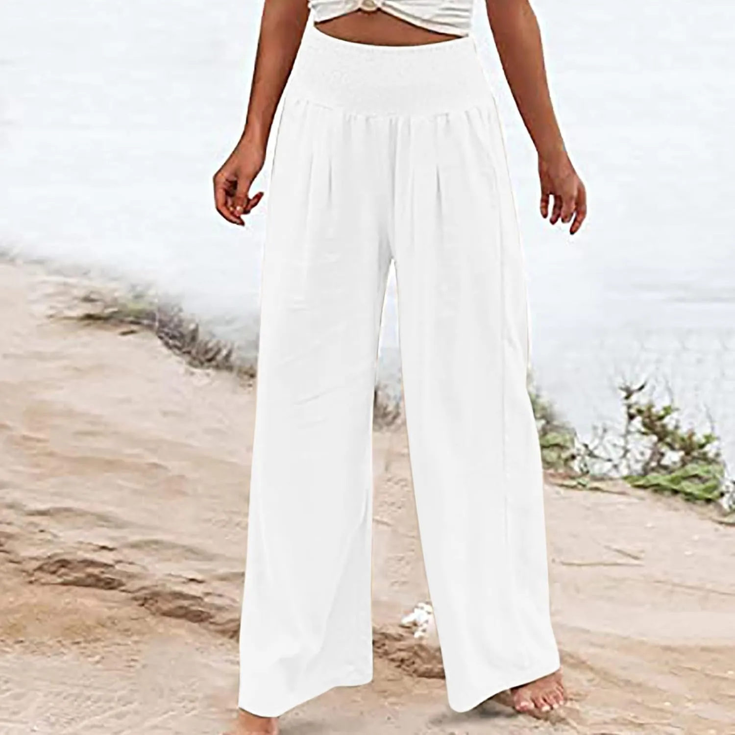 TUNUSKAT Woemns Flowy Linen Pants Summer High Waisted Wide Leg Cotton Trousers Lounge Boho Beach Palazzo Slacks Resort Wear