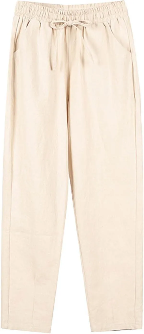 TUNUSKAT Womens Linen Capri Pants for Summer Lounge Elastic High Waisted Dress Capris Straight Leg 7/8 Trousers Beach Slacks