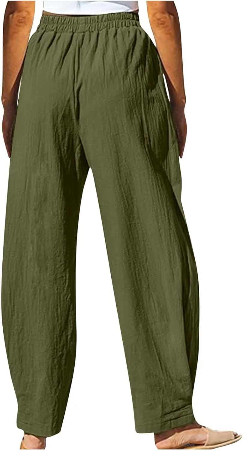 TUNUSKAT Womens Straight Leg Pants with Pockets Summer Lounge Faux Linen Trousers High Waisted Beach Slacks Vacation Outfits