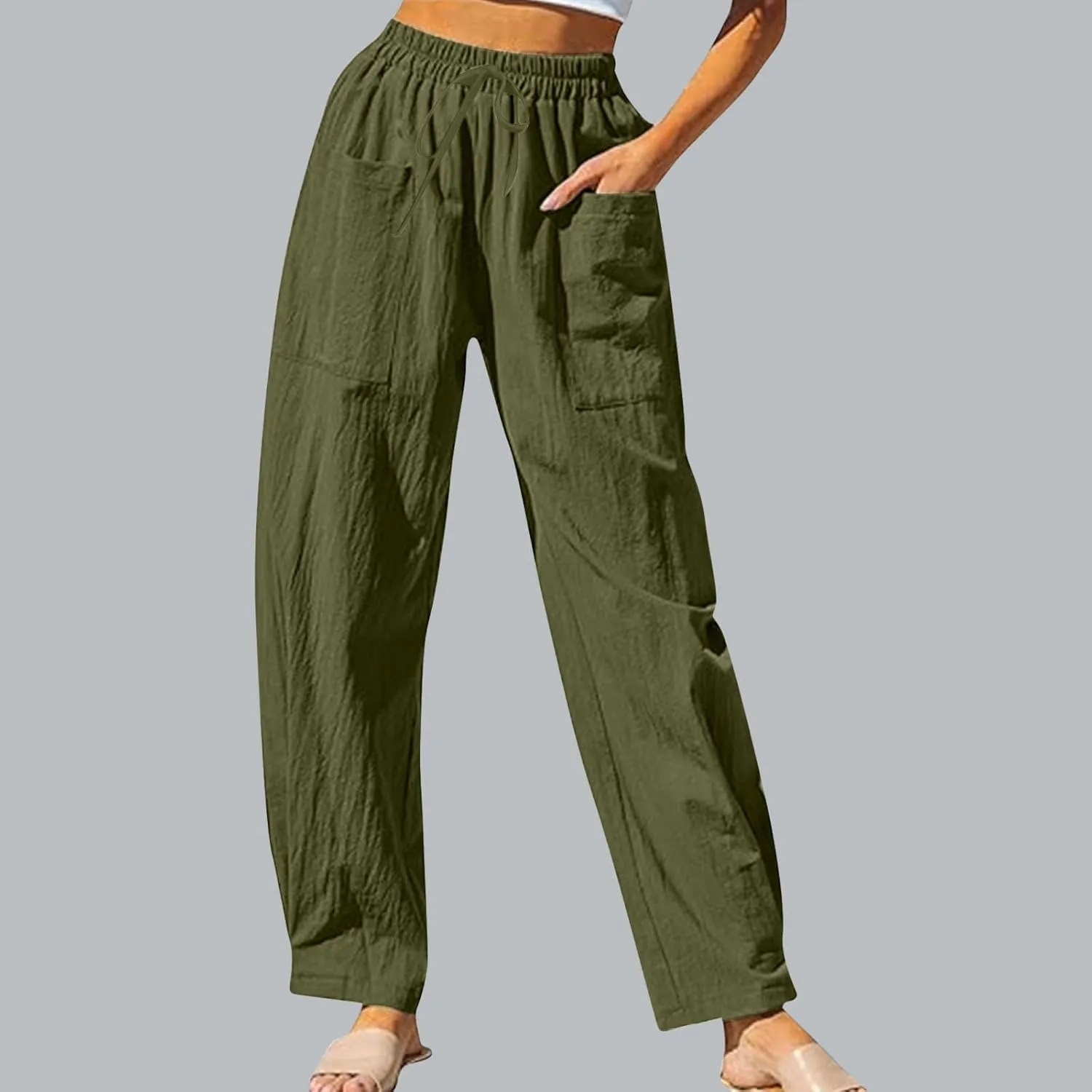 TUNUSKAT Womens Straight Leg Pants with Pockets Summer Lounge Faux Linen Trousers High Waisted Beach Slacks Vacation Outfits