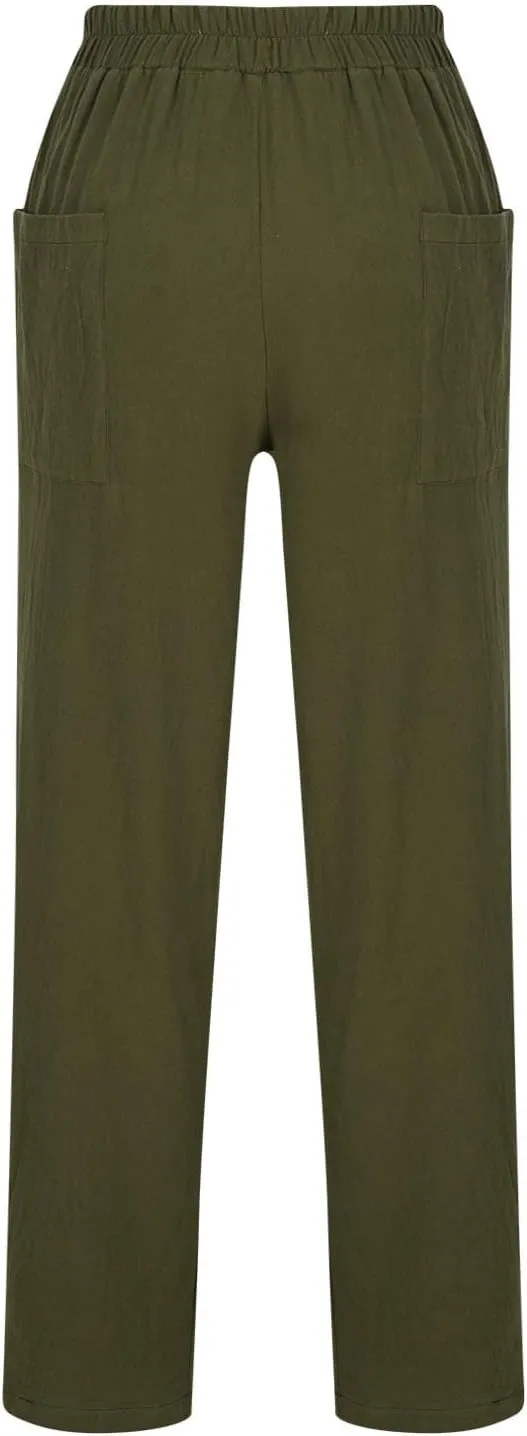 TUNUSKAT Womens Straight Leg Pants with Pockets Summer Lounge Faux Linen Trousers High Waisted Beach Slacks Vacation Outfits