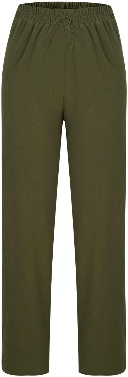 TUNUSKAT Womens Straight Leg Pants with Pockets Summer Lounge Faux Linen Trousers High Waisted Beach Slacks Vacation Outfits
