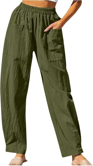 TUNUSKAT Womens Straight Leg Pants with Pockets Summer Lounge Faux Linen Trousers High Waisted Beach Slacks Vacation Outfits