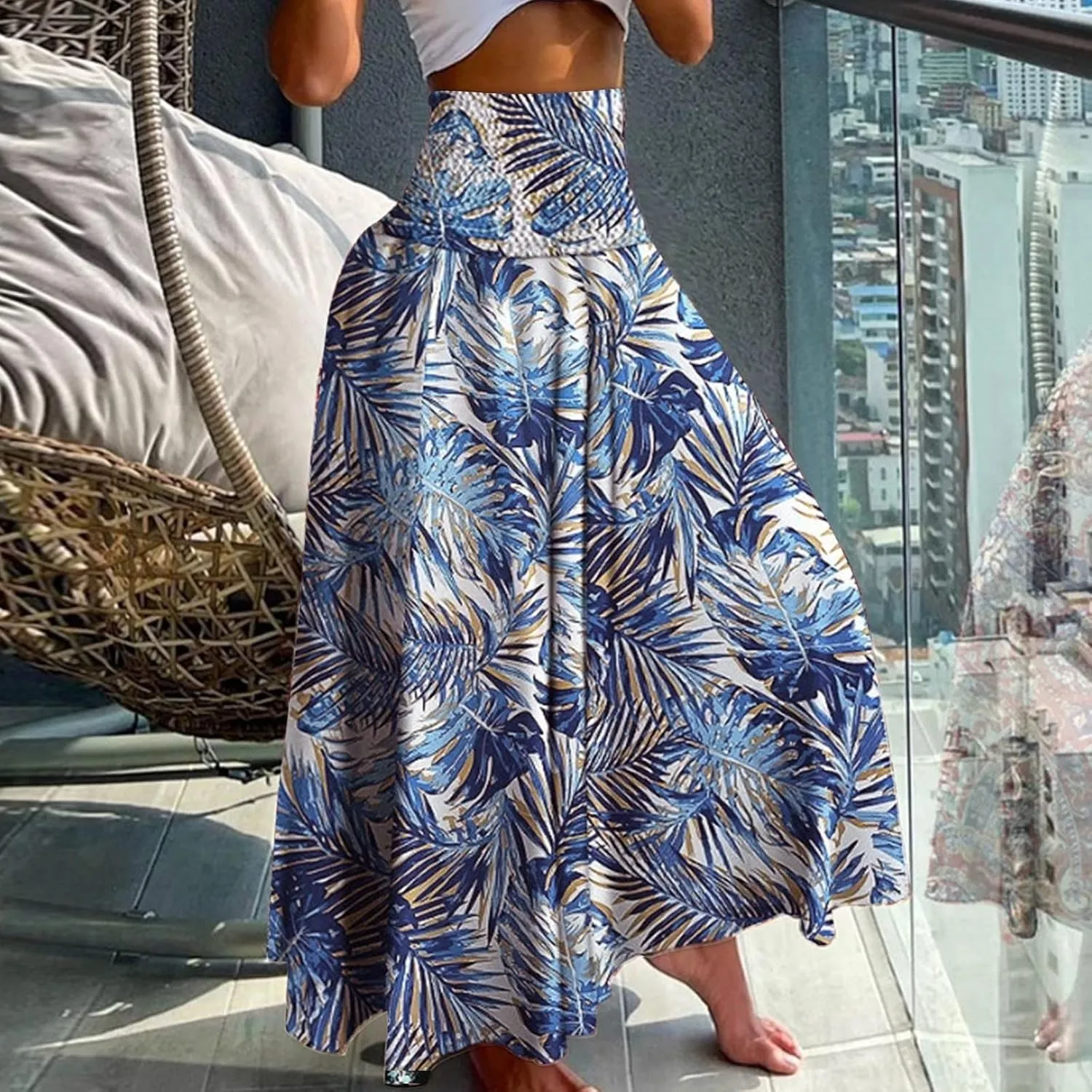 Women 2024 Summer Spring Floral Ethnic Long Skirts Casual Elastic High Waist Pleated Swing A Line Boho Beach Maxi Skirt