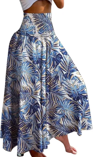 Women 2024 Summer Spring Floral Ethnic Long Skirts Casual Elastic High Waist Pleated Swing A Line Boho Beach Maxi Skirt