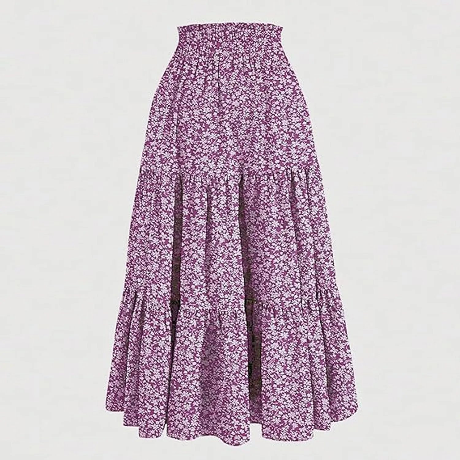 Women Boho Floral Summer Maxi Skirt Elastic High Waist Tiered Pleated Flowy Long Casual Beach Skirt