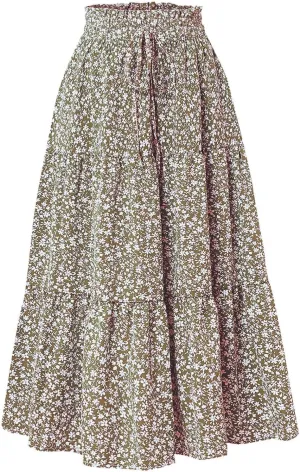 Women Boho Floral Summer Maxi Skirt Elastic High Waist Tiered Pleated Flowy Long Casual Beach Skirt