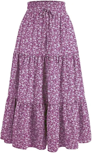 Women Boho Floral Summer Maxi Skirt Elastic High Waist Tiered Pleated Flowy Long Casual Beach Skirt