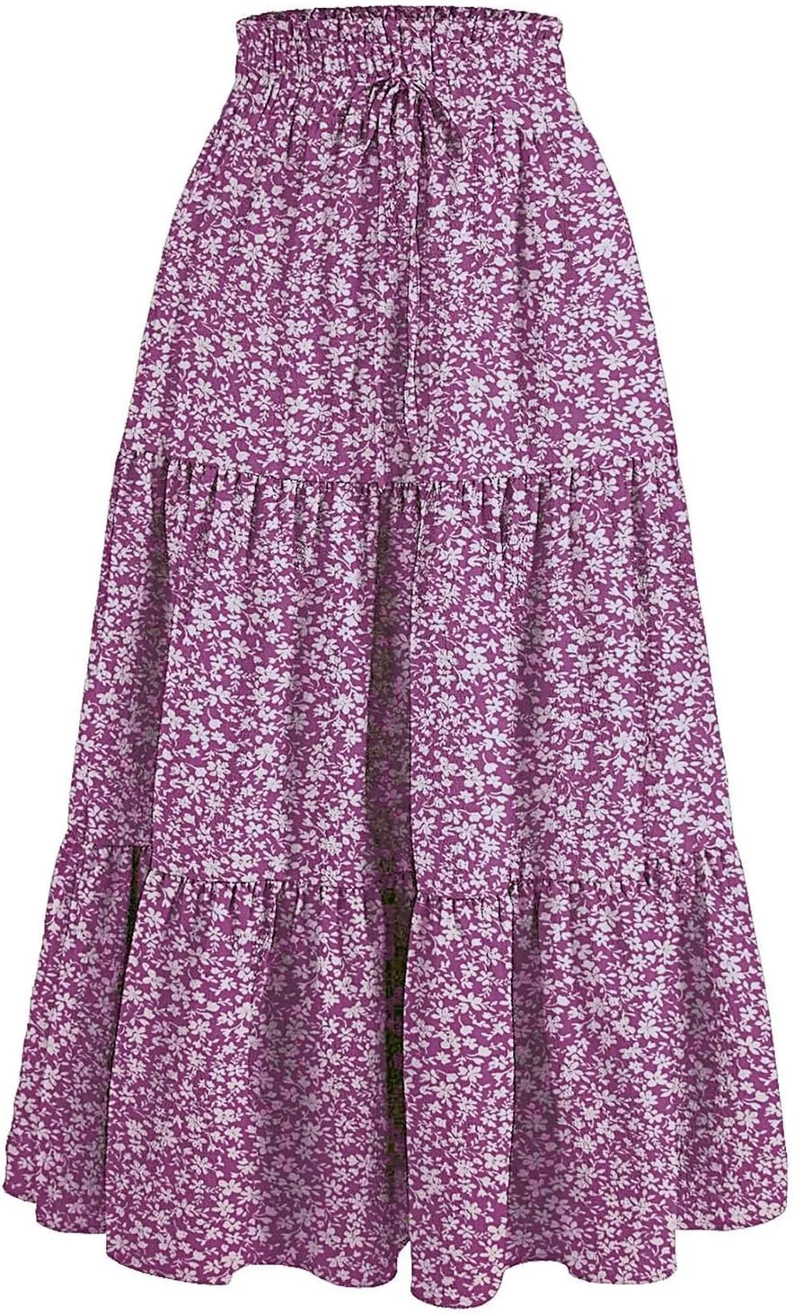 Women Boho Floral Summer Maxi Skirt Elastic High Waist Tiered Pleated Flowy Long Casual Beach Skirt