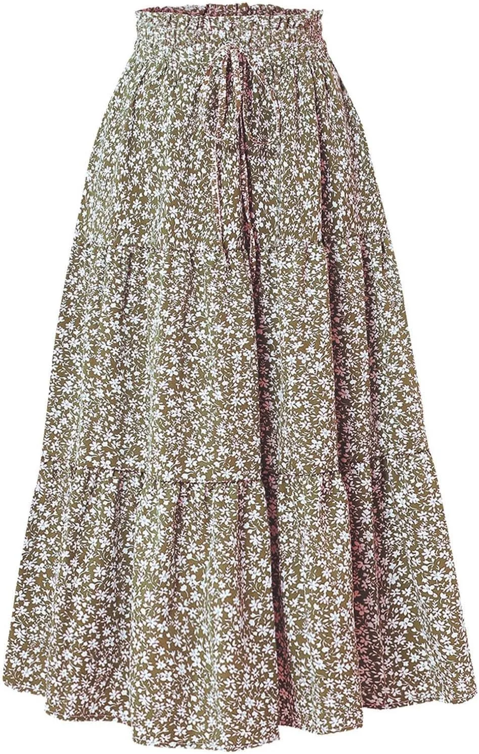 Women Boho Floral Summer Maxi Skirt Elastic High Waist Tiered Pleated Flowy Long Casual Beach Skirt
