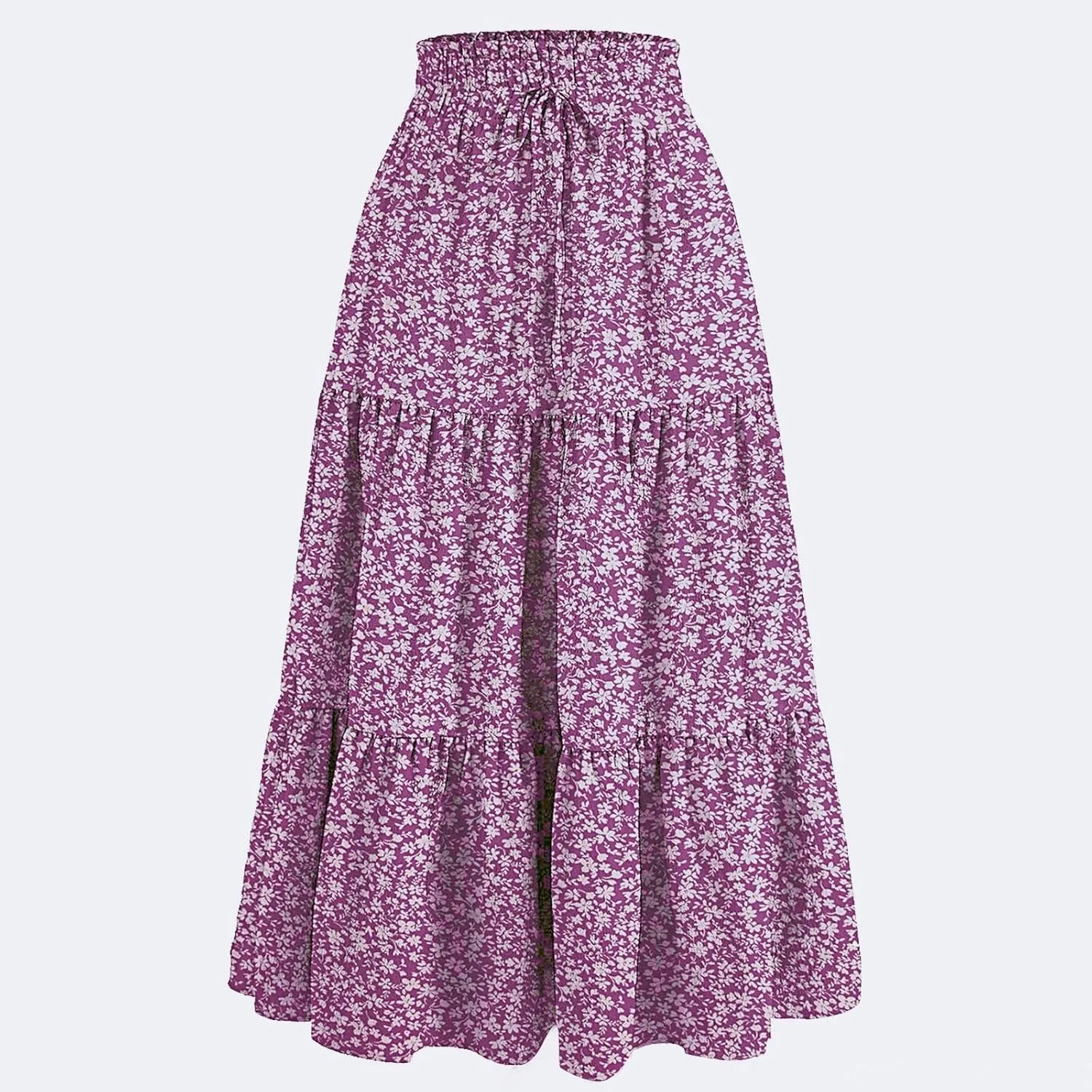 Women Boho Floral Summer Maxi Skirt Elastic High Waist Tiered Pleated Flowy Long Casual Beach Skirt