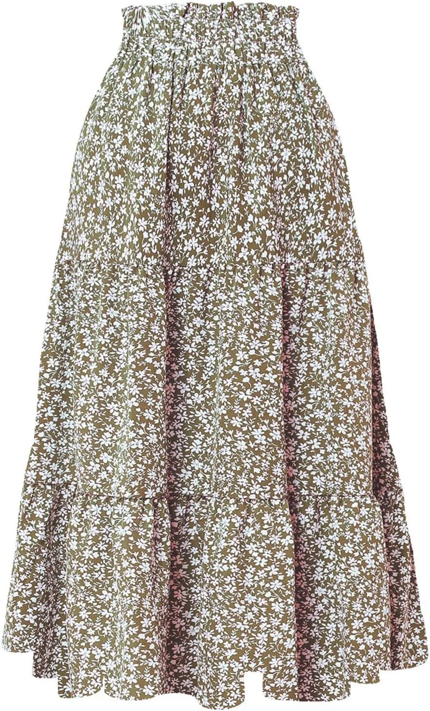 Women Boho Floral Summer Maxi Skirt Elastic High Waist Tiered Pleated Flowy Long Casual Beach Skirt