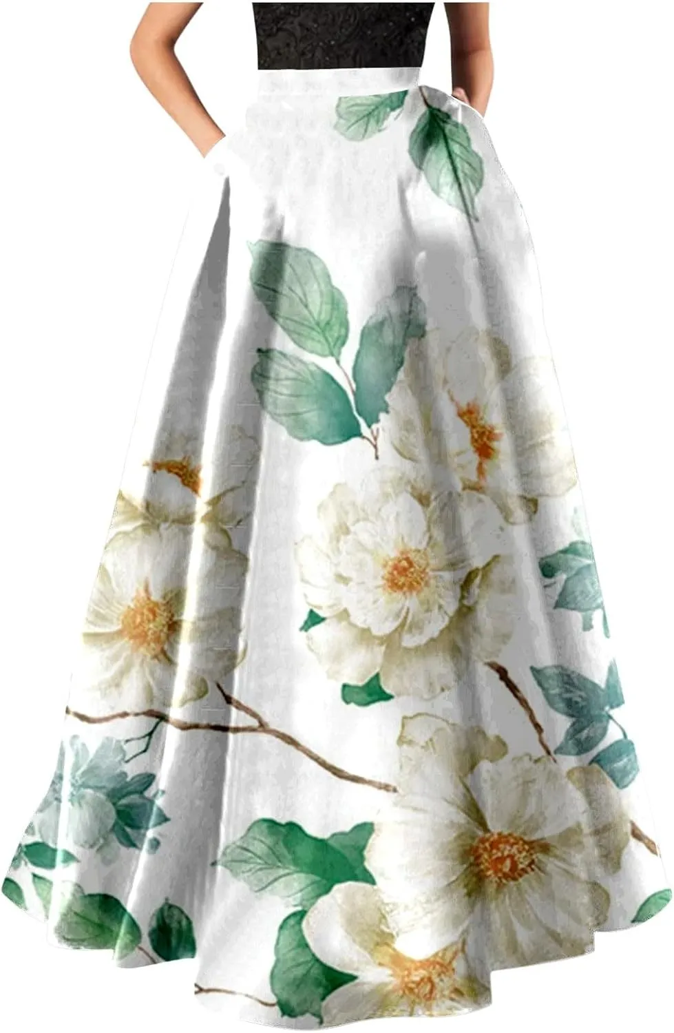 Women Casual Boho Floral Maxi Skirt Elastic High Waist Tiered Pleated Flowy Long Summer Beach Skirt