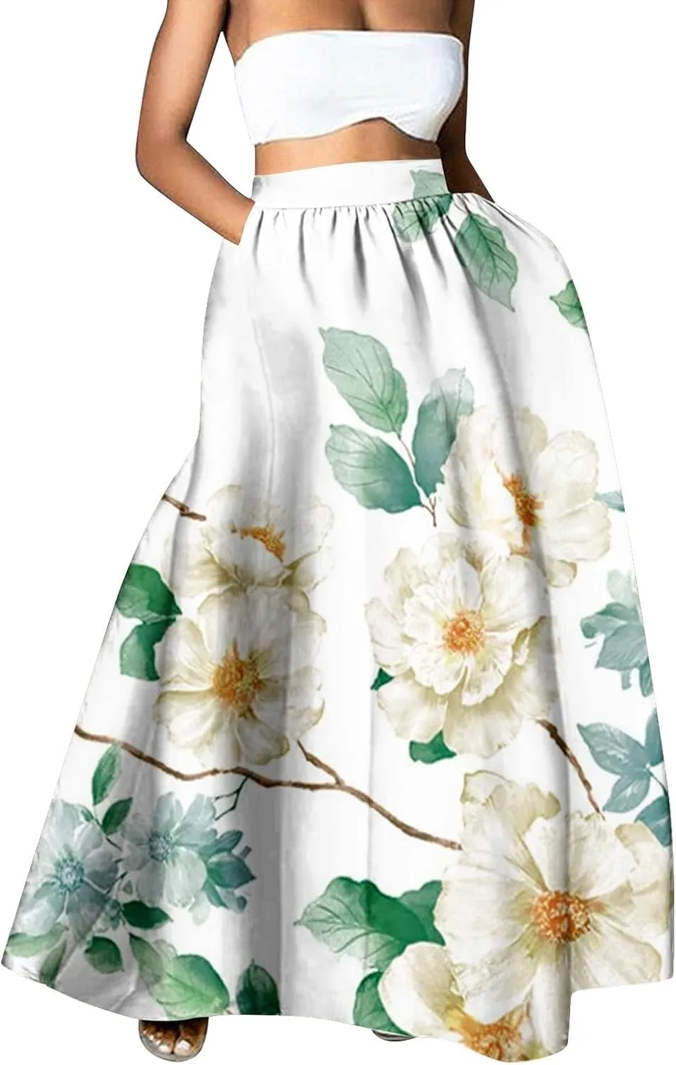 Women Casual Boho Floral Maxi Skirt Elastic High Waist Tiered Pleated Flowy Long Summer Beach Skirt