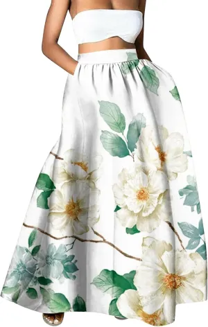 Women Casual Boho Floral Maxi Skirt Elastic High Waist Tiered Pleated Flowy Long Summer Beach Skirt