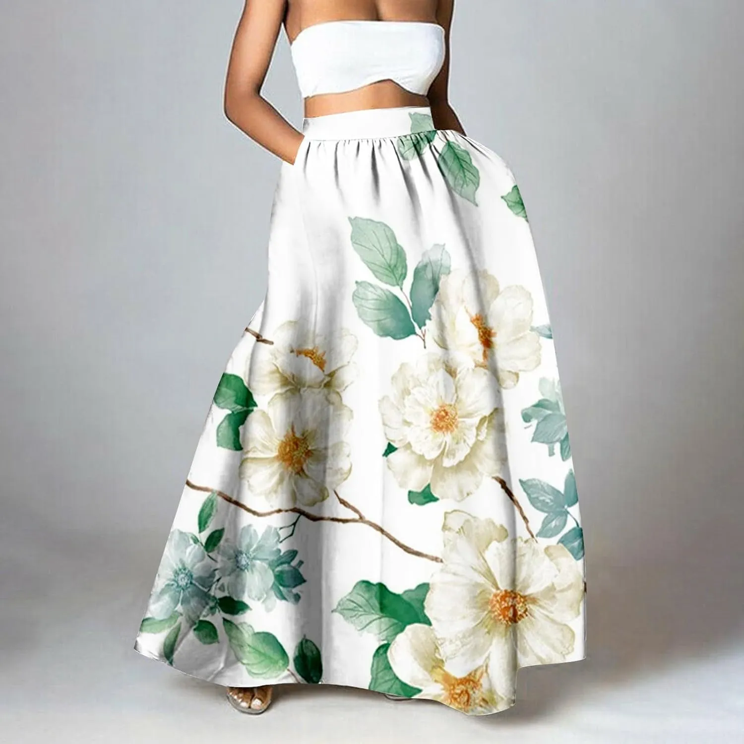 Women Casual Boho Floral Maxi Skirt Elastic High Waist Tiered Pleated Flowy Long Summer Beach Skirt