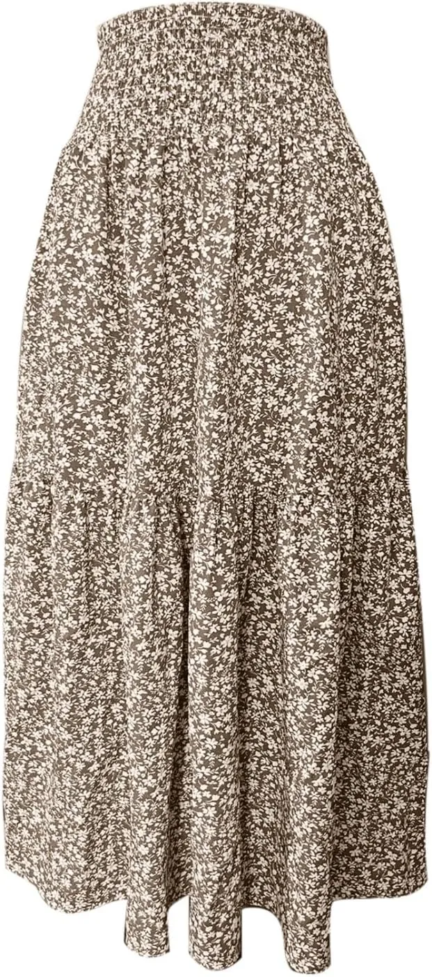 Women Casual Floral Print Boho Maxi Skirt Elastic High Waist Tiered Pleated Flowy Long Summer Beach