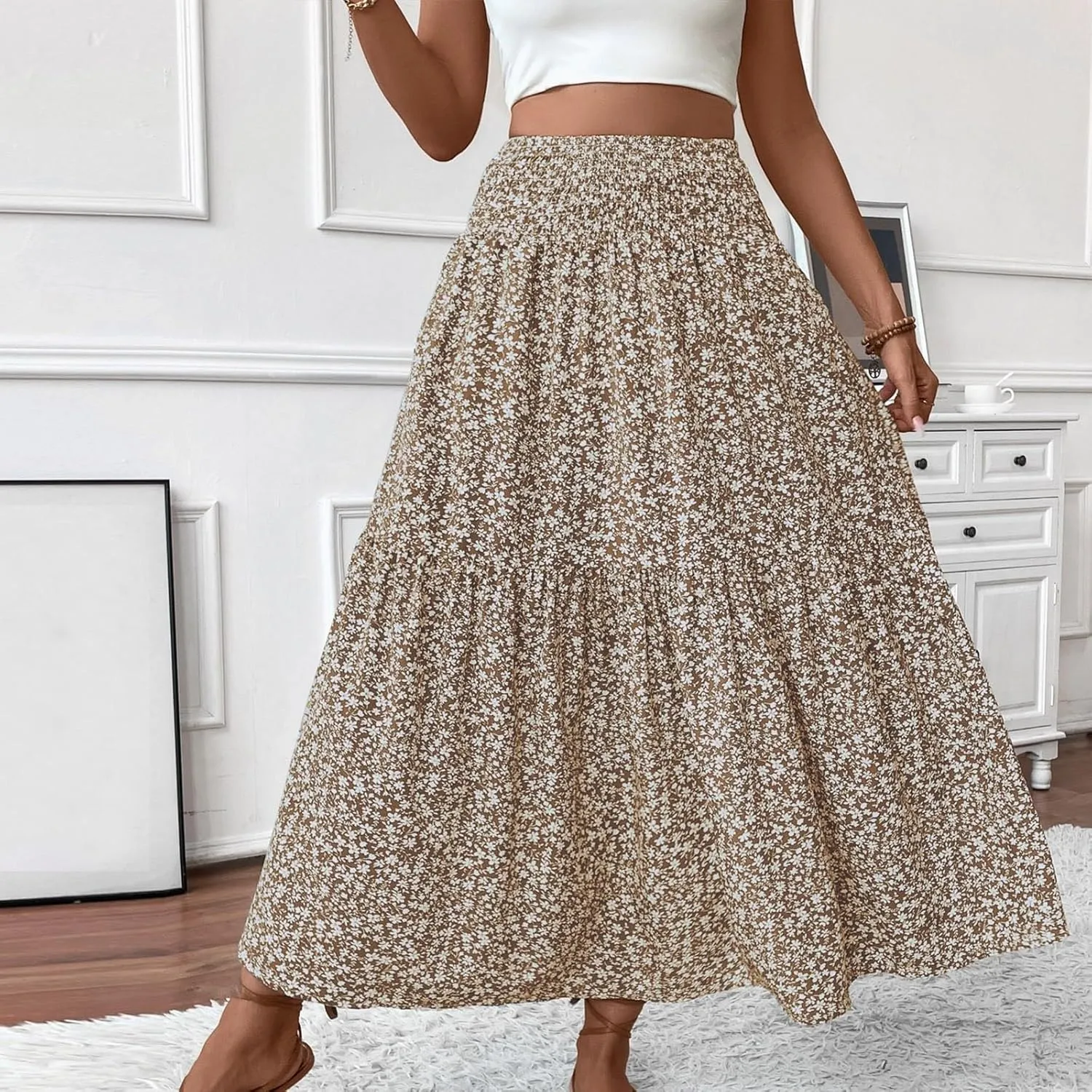 Women Casual Floral Print Boho Maxi Skirt Elastic High Waist Tiered Pleated Flowy Long Summer Beach