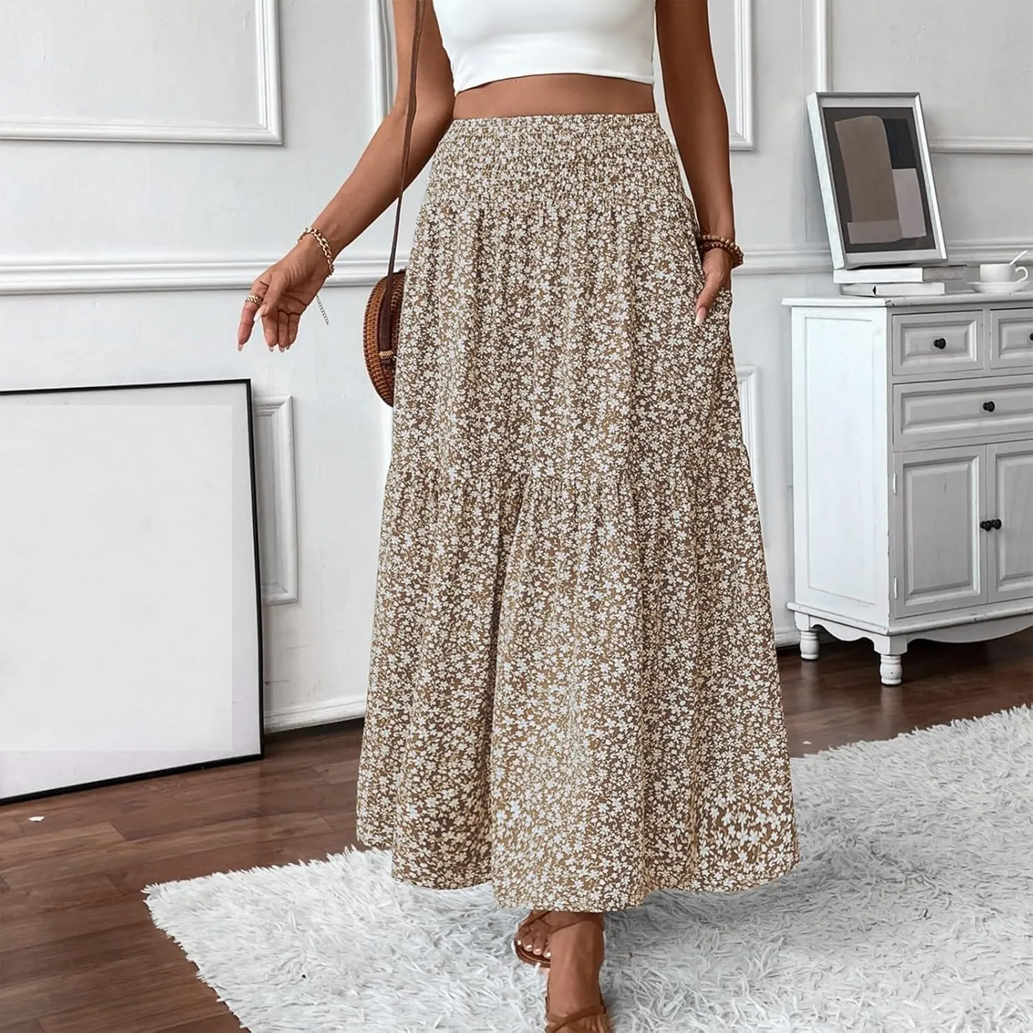 Women Casual Floral Print Boho Maxi Skirt Elastic High Waist Tiered Pleated Flowy Long Summer Beach