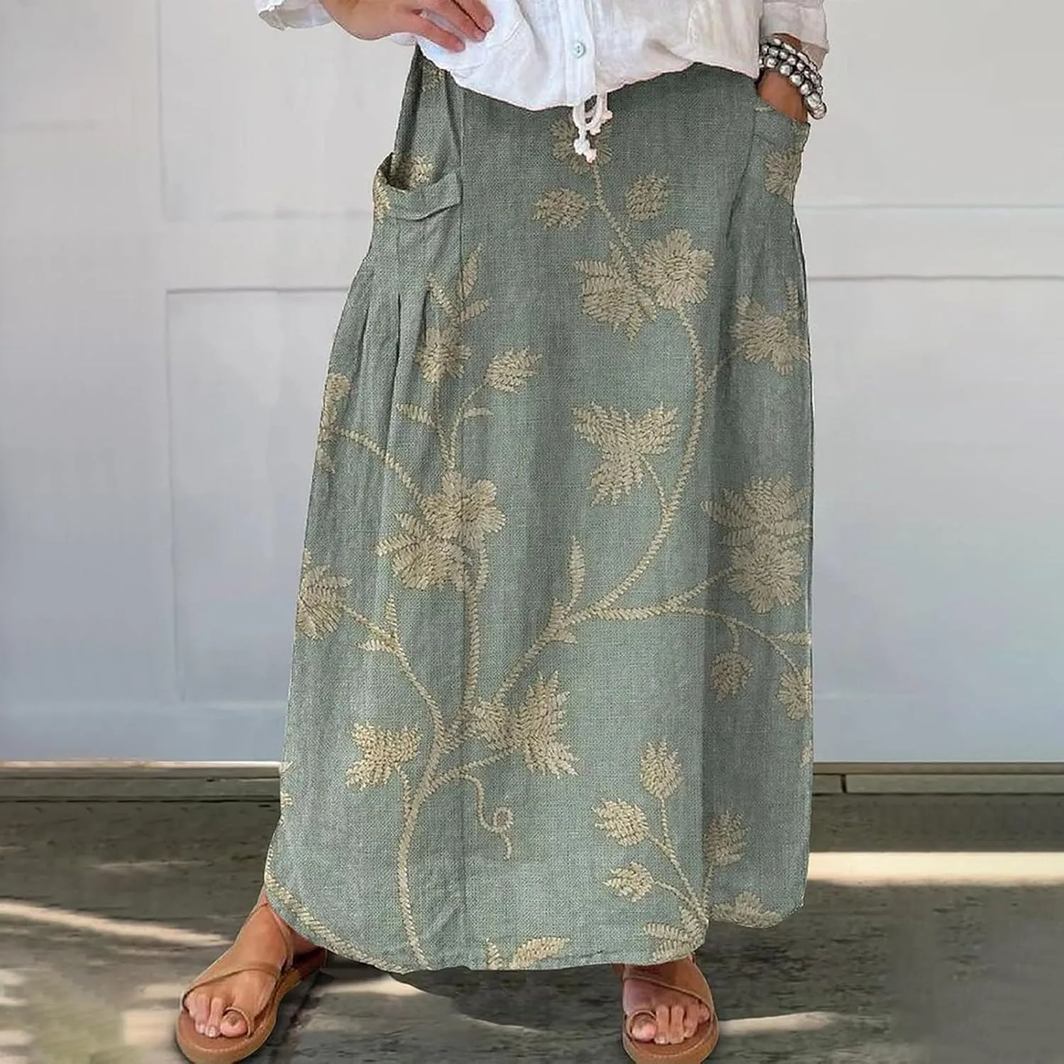 Women Casual Flowy Long Maxi Skirts Boho Floral Elastic High Waist Tiered Pleated Summer Beach Skirt