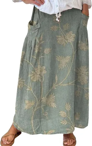 Women Casual Flowy Long Maxi Skirts Boho Floral Elastic High Waist Tiered Pleated Summer Beach Skirt