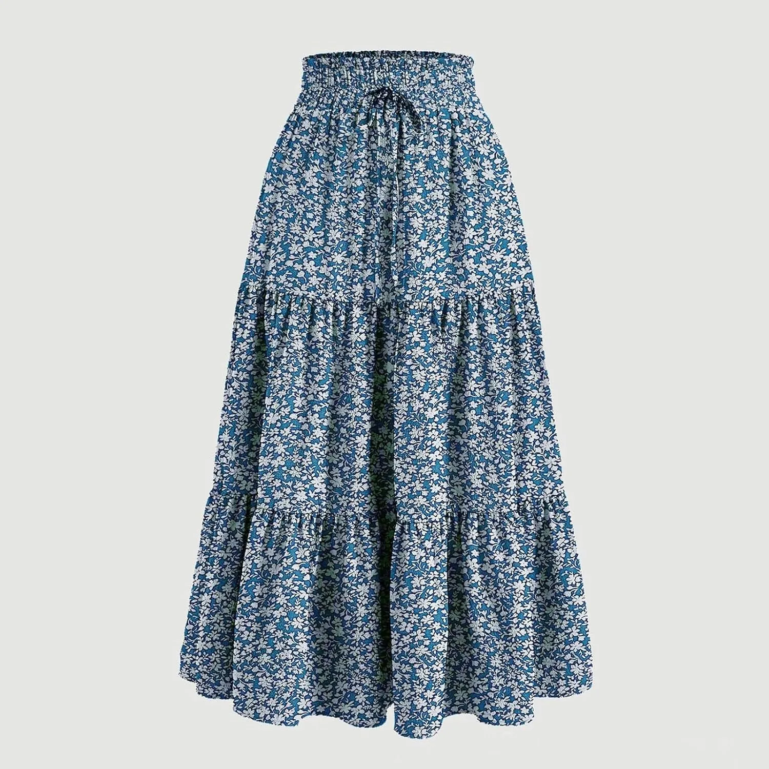 Women Casual Flowy Long Skirts Boho Floral Elastic High Waist Tiered Pleated Summer Maxi Beach Skirt