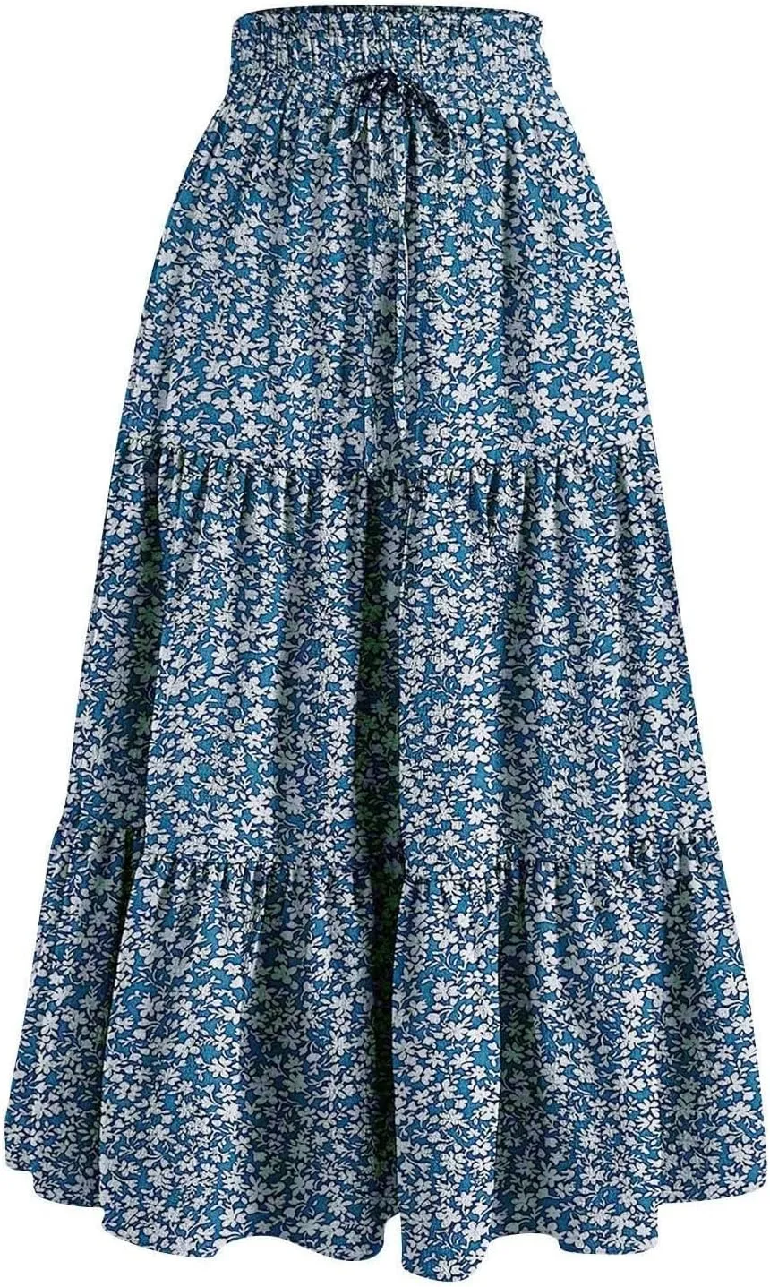 Women Casual Flowy Long Skirts Boho Floral Elastic High Waist Tiered Pleated Summer Maxi Beach Skirt