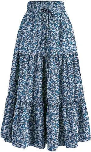 Women Casual Flowy Long Skirts Boho Floral Elastic High Waist Tiered Pleated Summer Maxi Beach Skirt