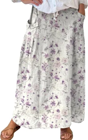 Women Casual Flowy Long Skirts Boho Floral Elastic High Waist Tiered Pleated Summer Maxi Beach Skirt