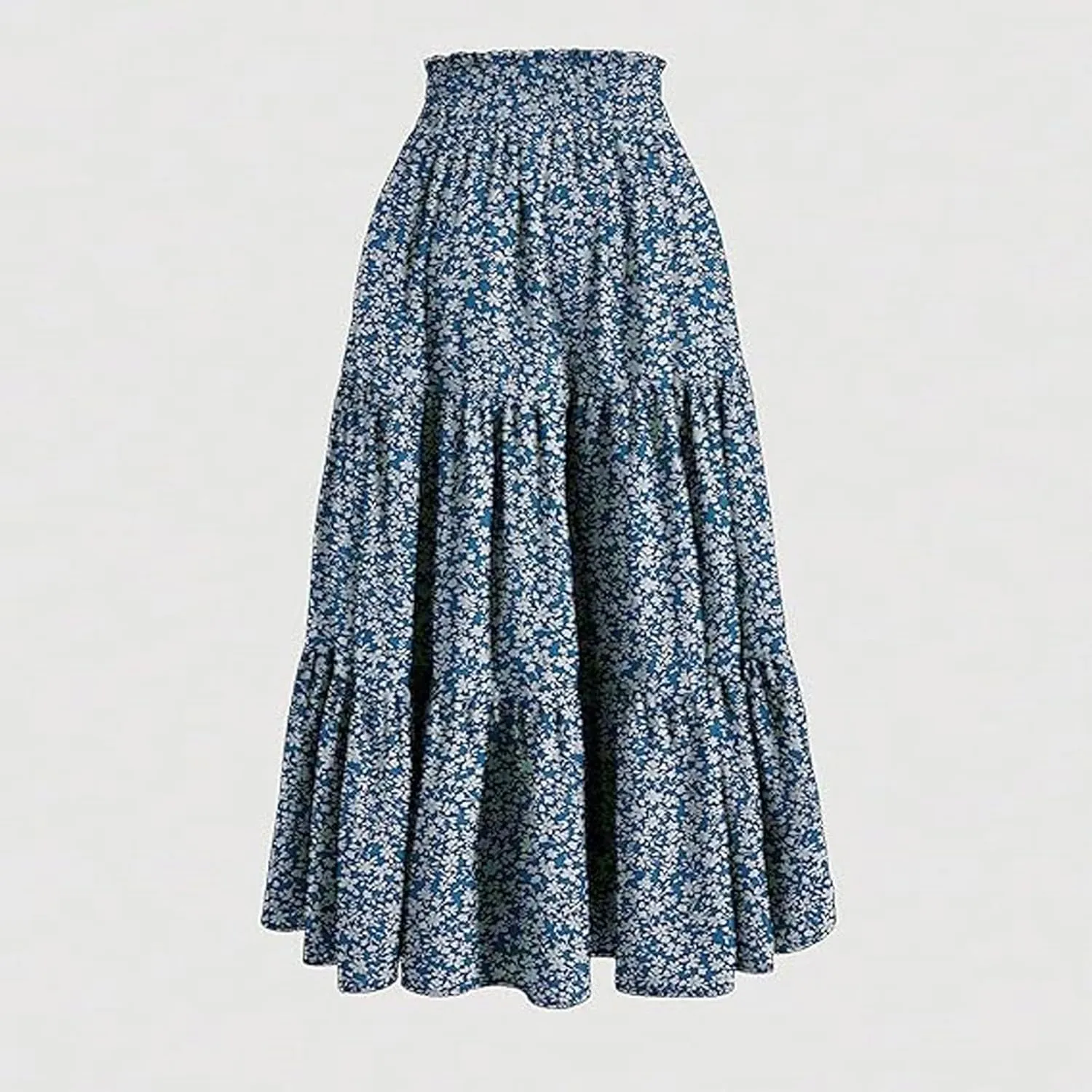 Women Casual Flowy Long Skirts Boho Floral Elastic High Waist Tiered Pleated Summer Maxi Beach Skirt