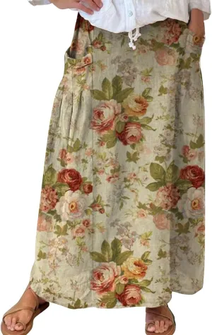 Women Casual Summer Boho Floral Maxi Skirt Elastic High Waist Tiered Pleated Flowy Long Beach Skirt