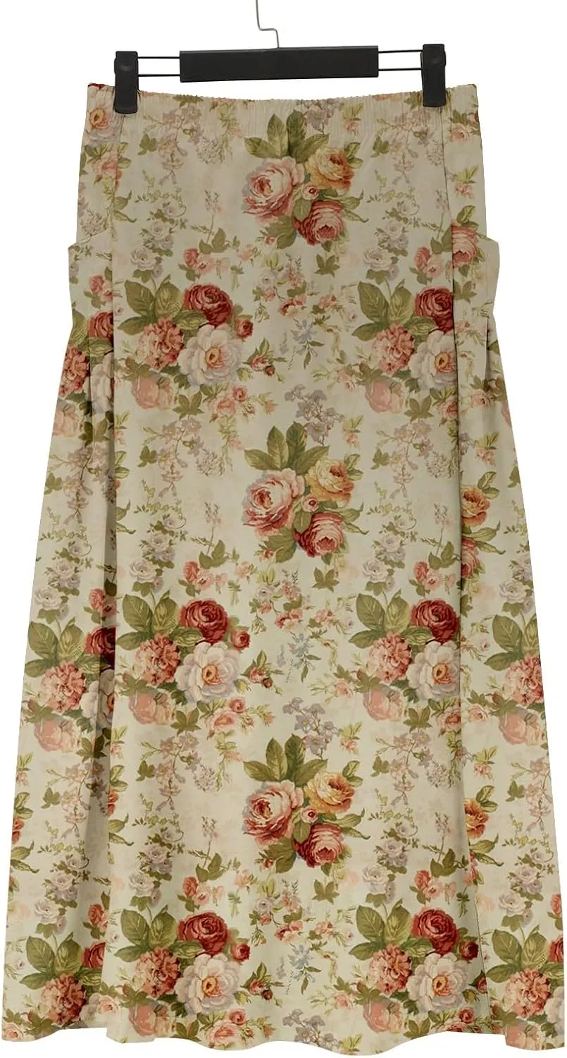 Women Casual Summer Boho Floral Maxi Skirt Elastic High Waist Tiered Pleated Flowy Long Beach Skirt