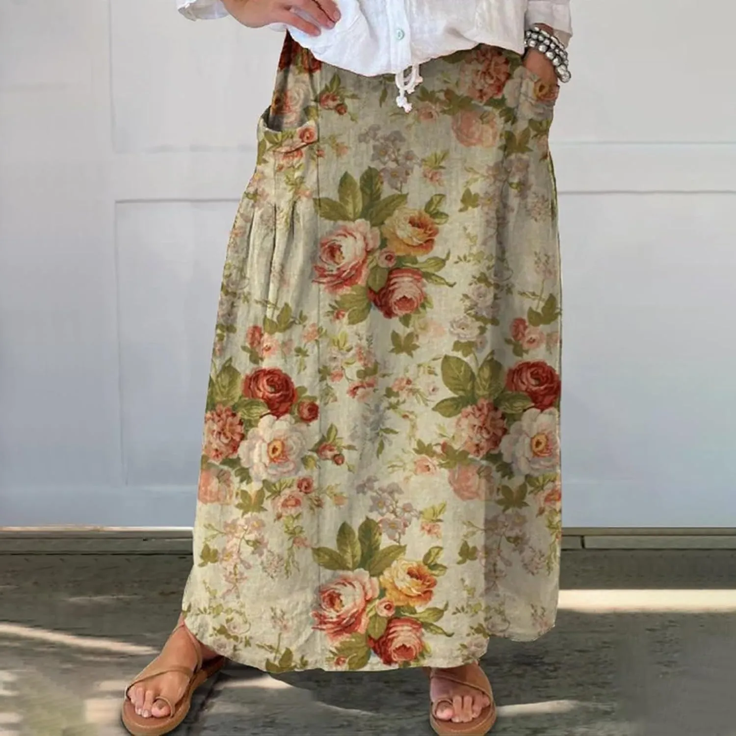 Women Casual Summer Boho Floral Maxi Skirt Elastic High Waist Tiered Pleated Flowy Long Beach Skirt