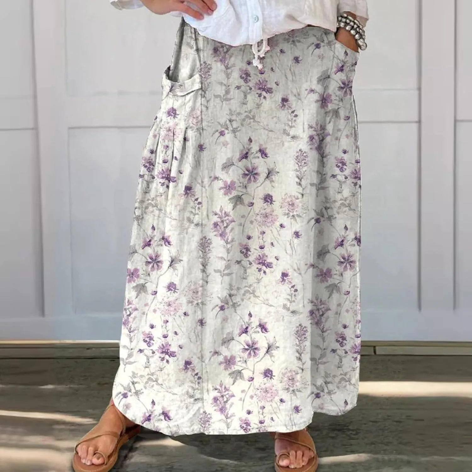 Women Casual Summer Boho Floral Maxi Skirt Elastic High Waist Tiered Pleated Flowy Long Beach Skirt