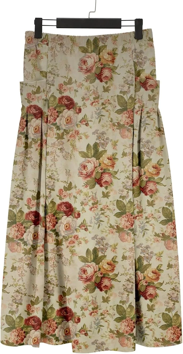 Women Casual Summer Boho Floral Maxi Skirt Elastic High Waist Tiered Pleated Flowy Long Beach Skirt