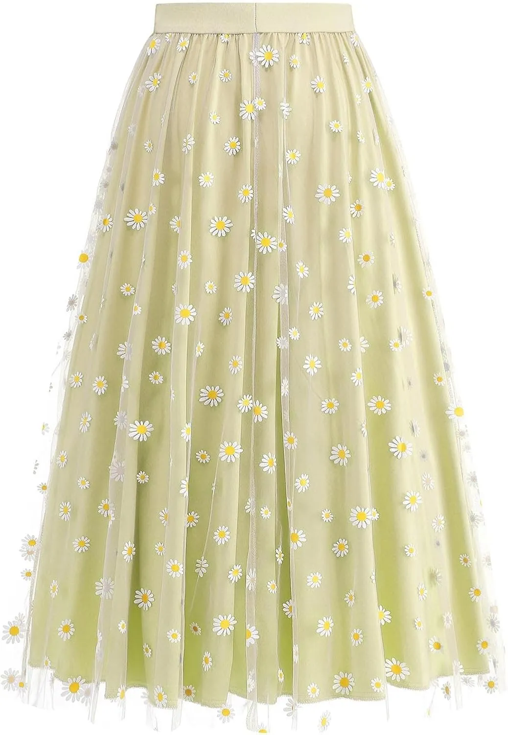 Women Daisy Embroidered Skirts Floral Mesh Casual Elastic High Waist Long Skirts Flower Swing A Line Skirts 2025