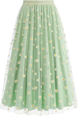 Women Daisy Embroidered Skirts Floral Mesh Casual Elastic High Waist Long Skirts Flower Swing A Line Skirts 2025