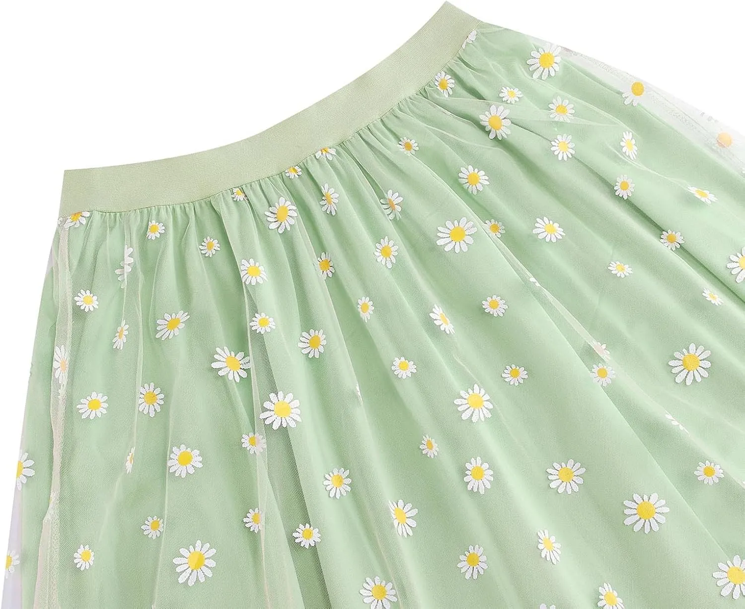 Women Daisy Embroidered Skirts Floral Mesh Casual Elastic High Waist Long Skirts Flower Swing A Line Skirts 2025