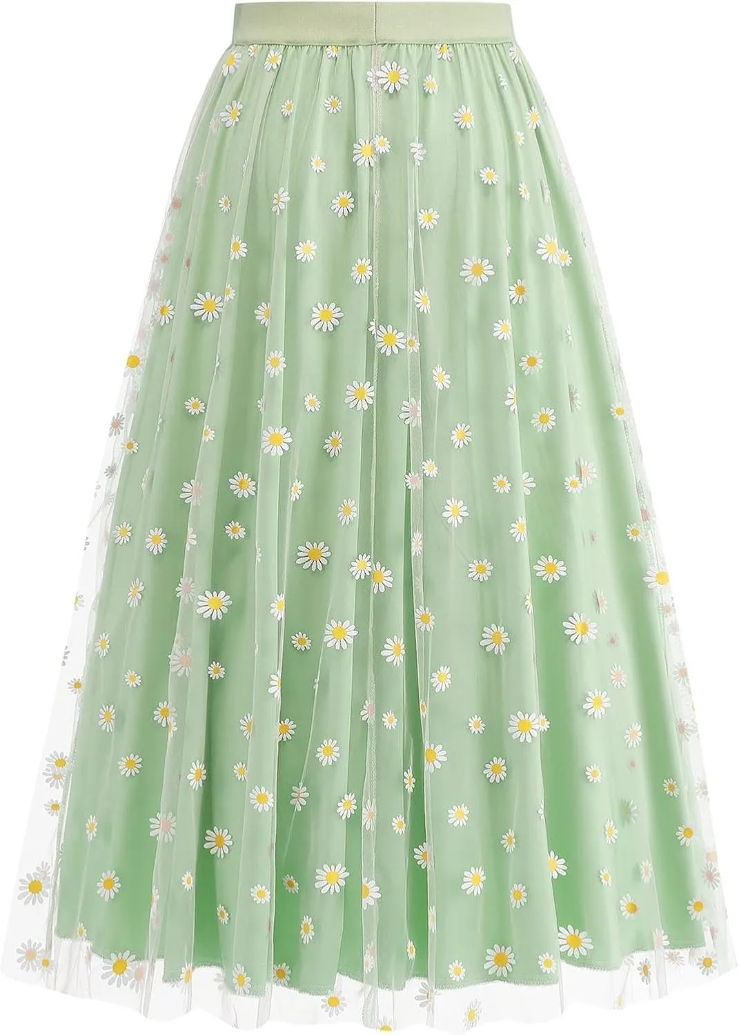 Women Daisy Embroidered Skirts Floral Mesh Casual Elastic High Waist Long Skirts Flower Swing A Line Skirts 2025