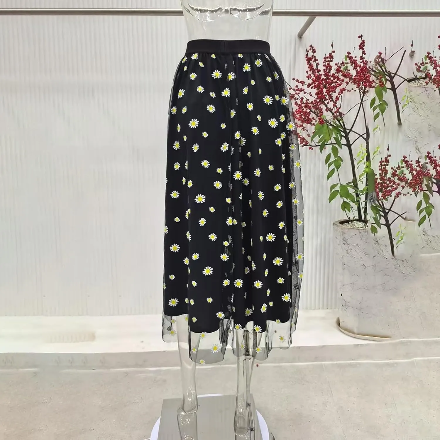 Women Daisy Embroidered Skirts Floral Mesh Casual Elastic High Waist Long Skirts Flower Swing A Line Skirts 2025