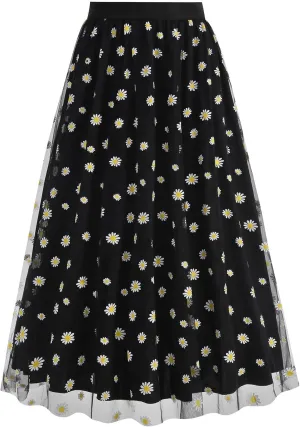 Women Daisy Embroidered Skirts Floral Mesh Casual Elastic High Waist Long Skirts Flower Swing A Line Skirts 2025