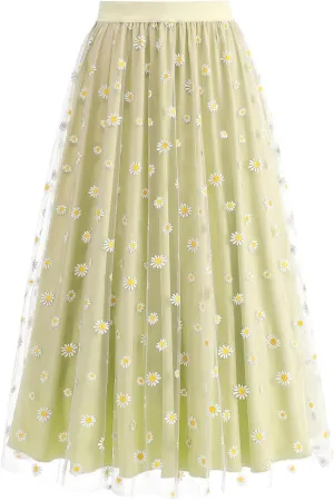 Women Daisy Embroidered Skirts Floral Mesh Casual Elastic High Waist Long Skirts Flower Swing A Line Skirts 2025