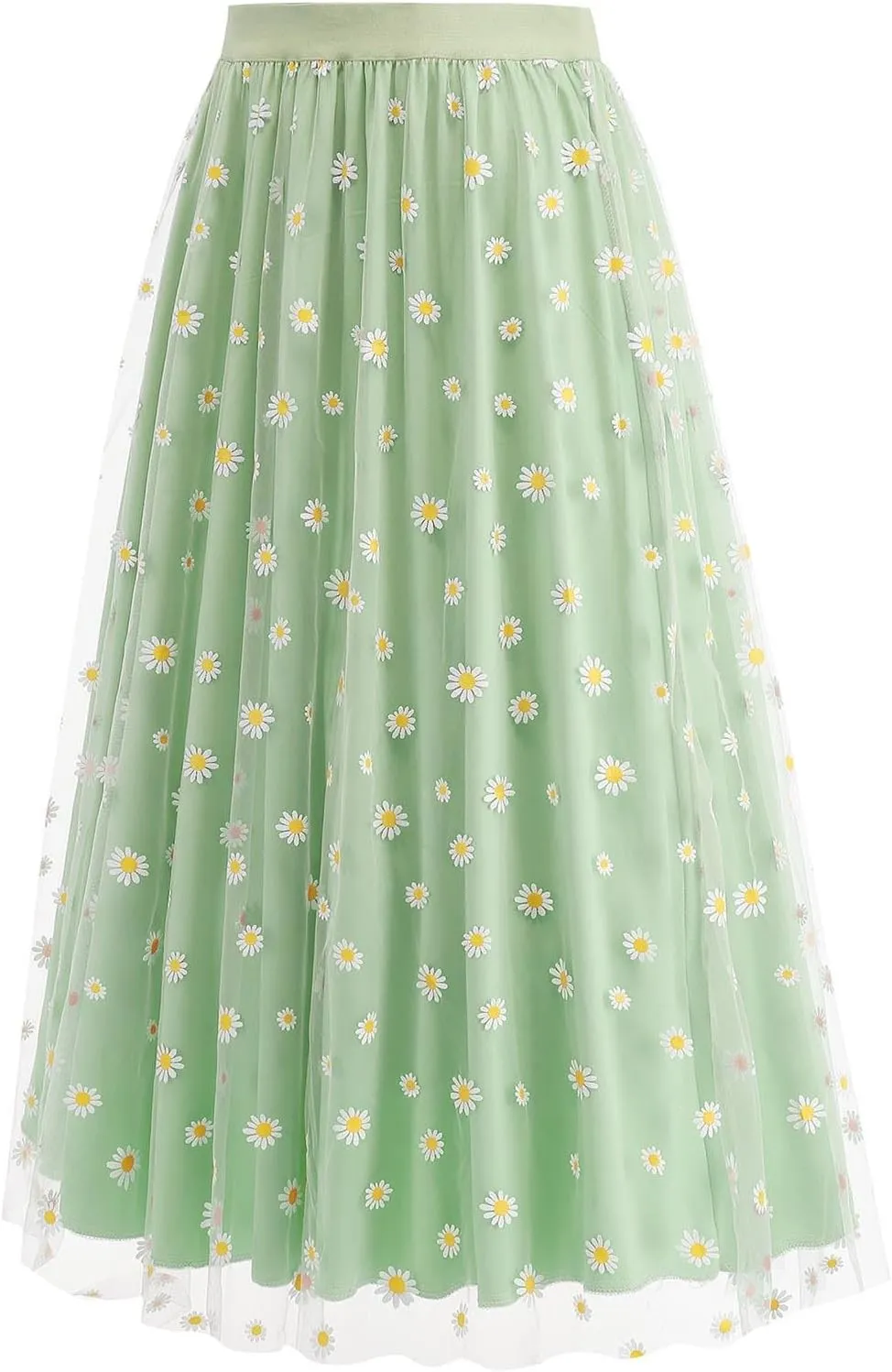 Women Daisy Embroidered Skirts Floral Mesh Casual Elastic High Waist Long Skirts Flower Swing A Line Skirts 2025
