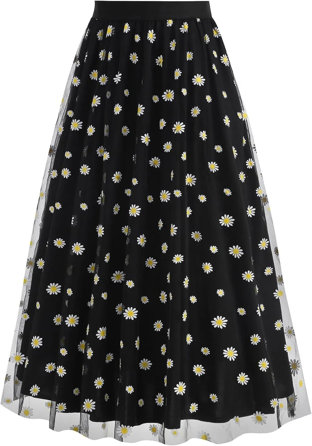 Women Daisy Embroidered Skirts Floral Mesh Casual Elastic High Waist Long Skirts Flower Swing A Line Skirts 2025