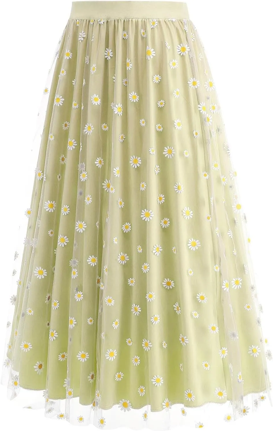 Women Daisy Embroidered Skirts Floral Mesh Casual Elastic High Waist Long Skirts Flower Swing A Line Skirts 2025
