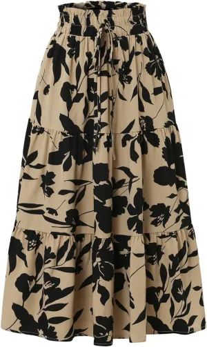 Women Elastic High Waist Boho Floral Maxi Skirt Tiered Pleated Flowy Long Summer Casual Beach Skirt with Pockets