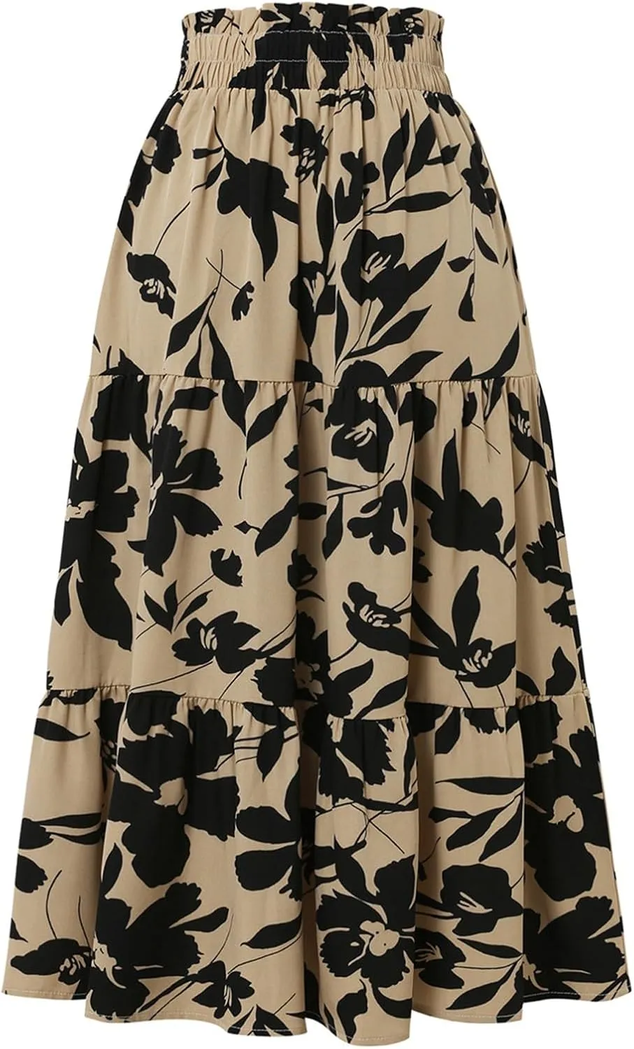 Women Elastic High Waist Boho Floral Maxi Skirt Tiered Pleated Flowy Long Summer Casual Beach Skirt with Pockets