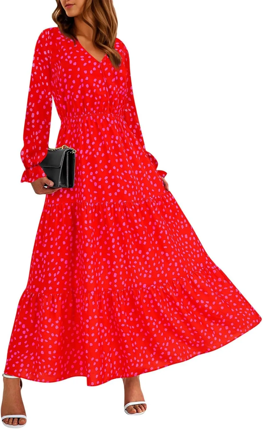 Women Fall Dresses 2025 Casual Long Sleeve V Neck Wedding Guest Dress Floral Boho Flowy Elegant Maxi Dresses