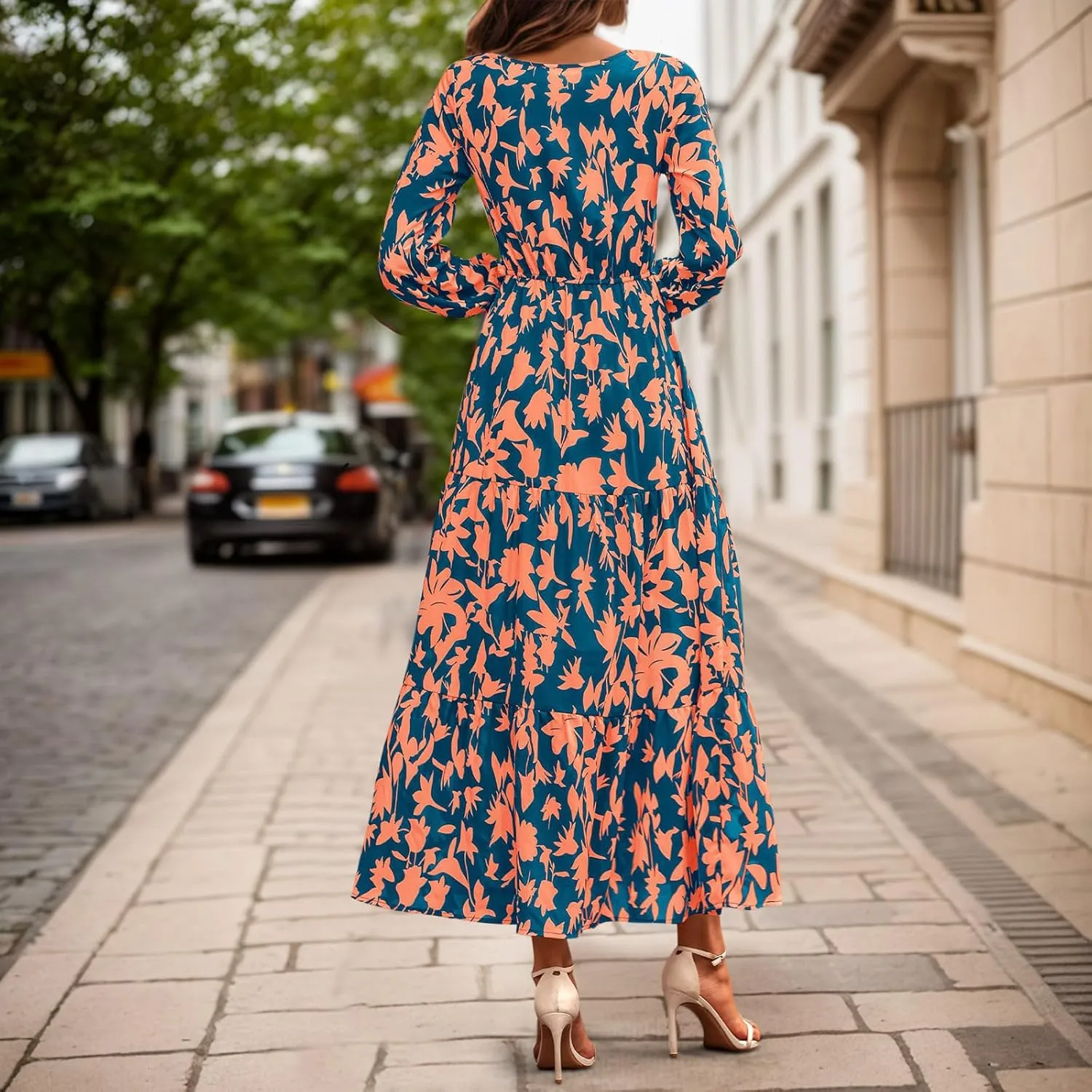Women Fall Dresses 2025 Casual Long Sleeve V Neck Wedding Guest Dress Floral Boho Flowy Elegant Maxi Dresses