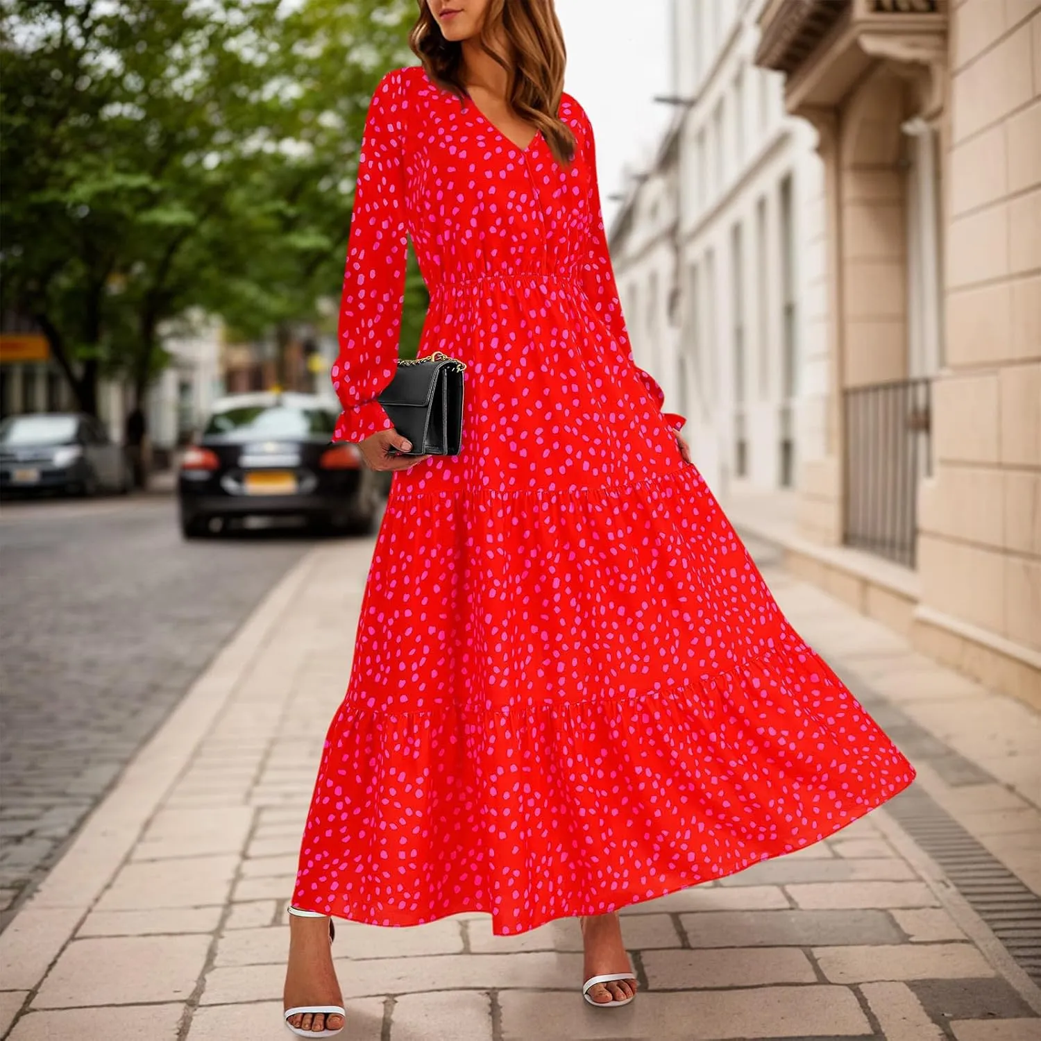 Women Fall Dresses 2025 Casual Long Sleeve V Neck Wedding Guest Dress Floral Boho Flowy Elegant Maxi Dresses